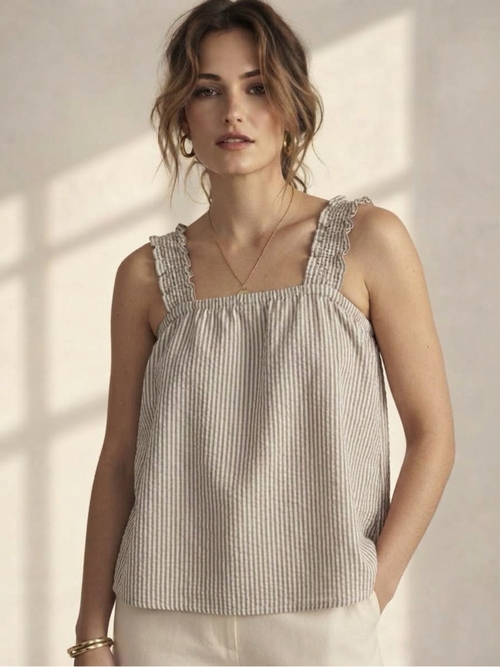 NWT KIKIT Tan Seersucker Striped Smocked Ruffle Strap Tank Top L Cottagecore